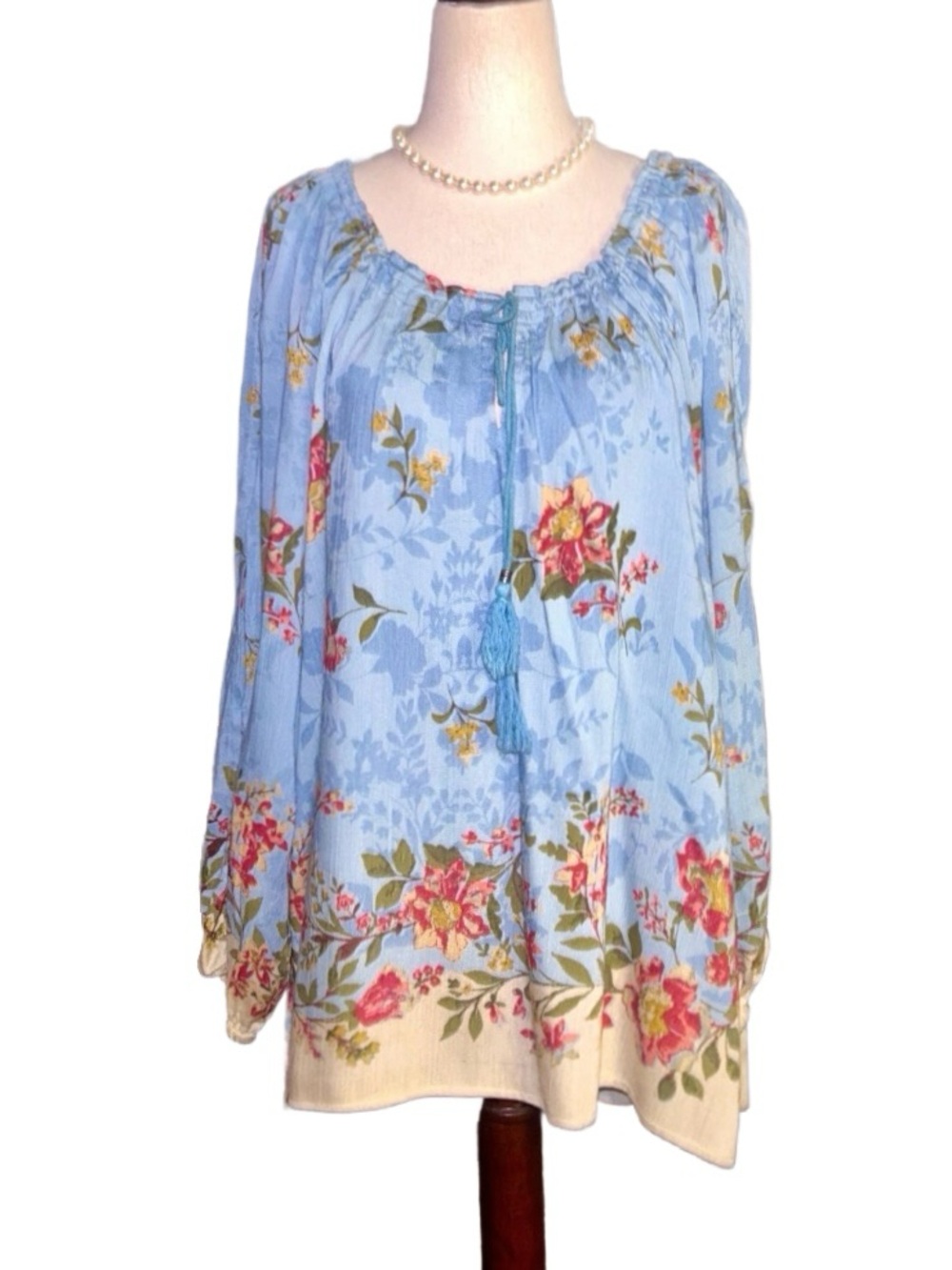 Nostalgia ~ Medium ~ Blue W/Multi-Colors Floral ~ Boho Pullover Blouse ~ New